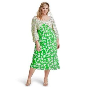 Rixo Green Floral Midi Dress Puff Sleeve 16W/18W